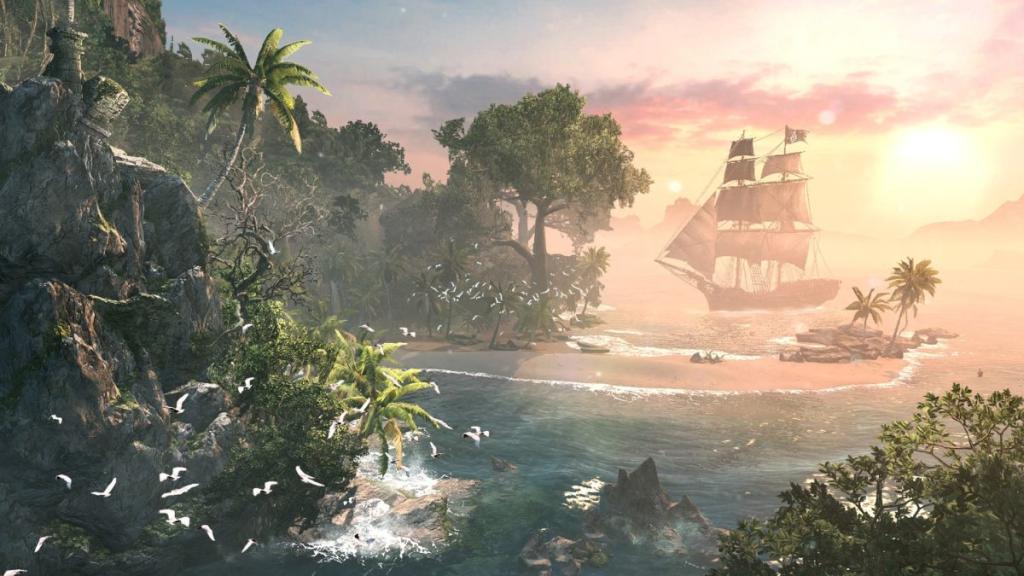 Uma lagoa e um navio à distância em Assassin's Creed Black Flag