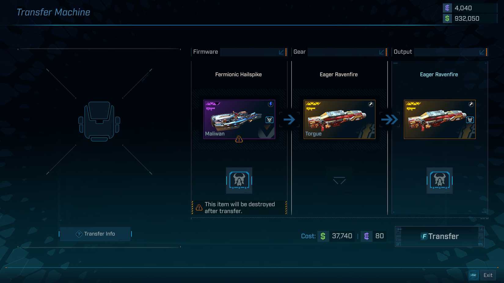 Uma captura de tela Borderlands 4 mostrando a interface da máquina de transferência, onde podemos transferir firmware entre itens