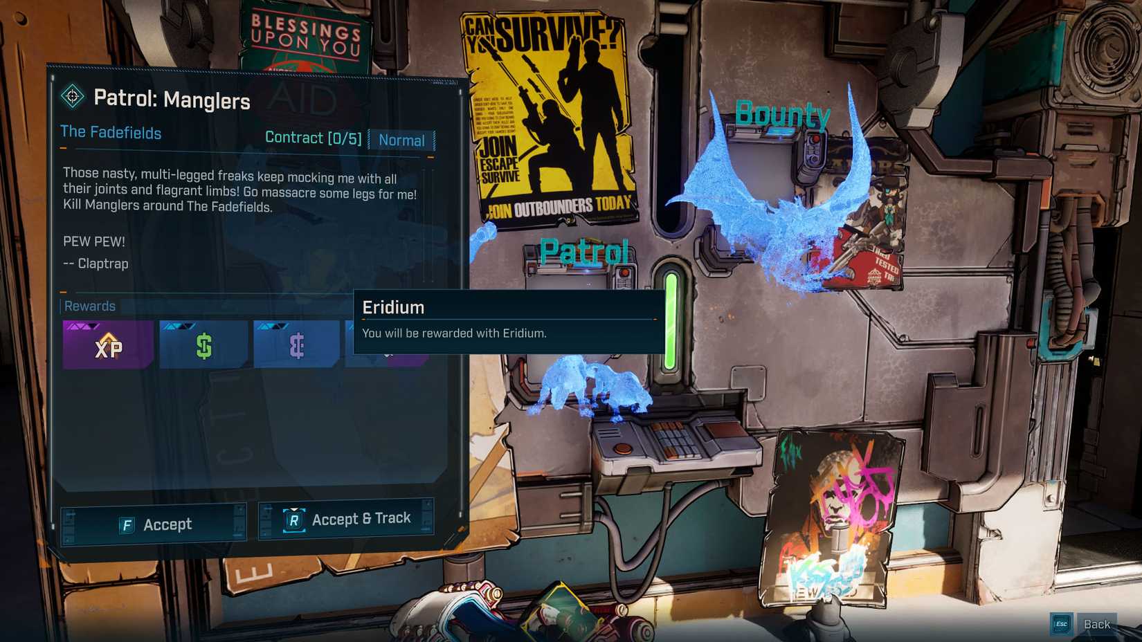 Uma captura de tela Borderlands 4 mostrando o quadro de contratos onde você aceita missões de patrulha e recompensa