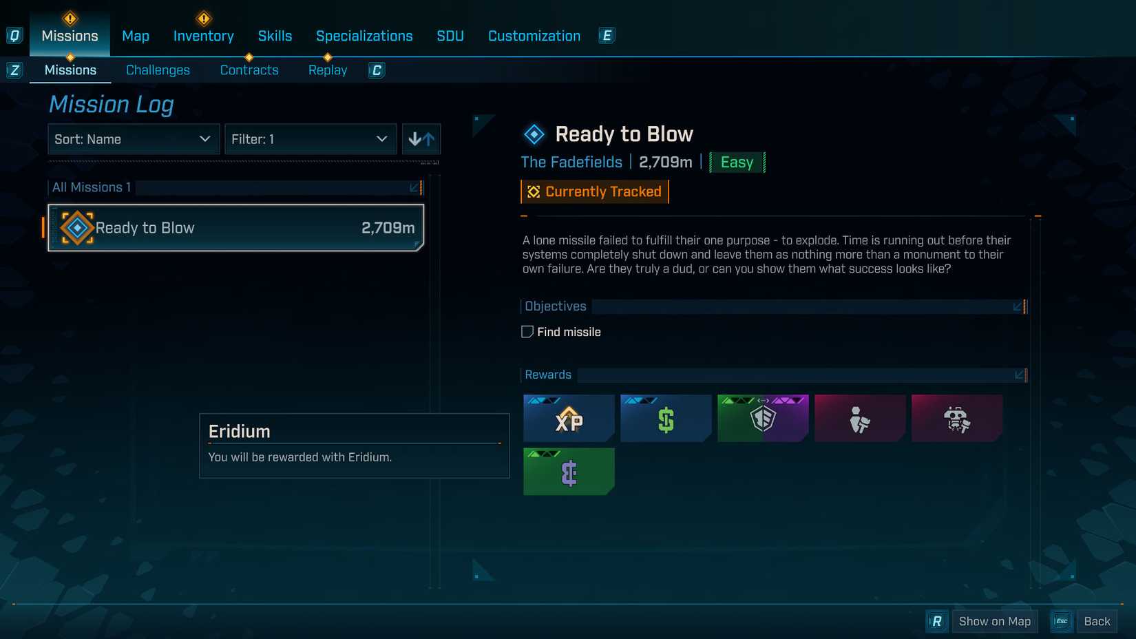 Uma captura de tela Borderlands 4 mostrando a descrição de uma missão lateral e onde indica que você recebe Eridium ao concluir a referida missão
