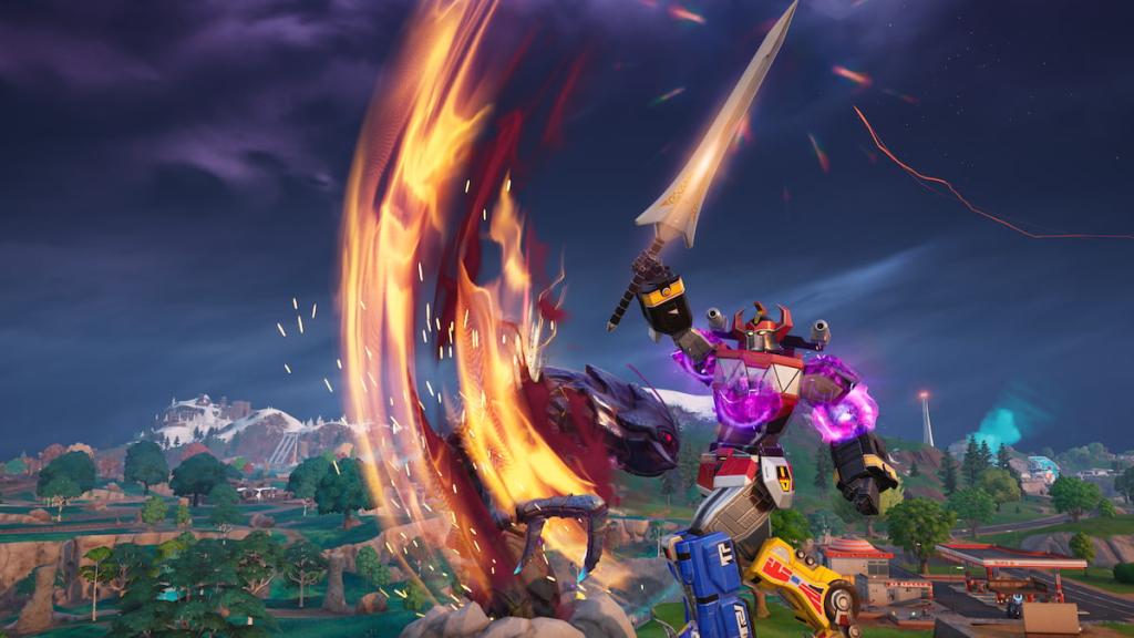 Megazord acertando a rainha dos insetos e segurando a espada na vitória em Fortnite