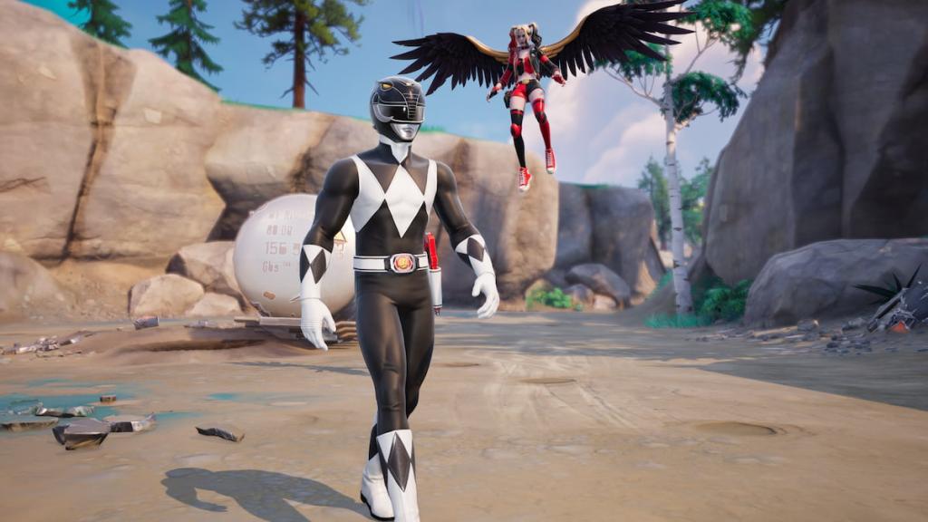Harley Quinn voando atrás do Ranger Black andando em Fortnite
