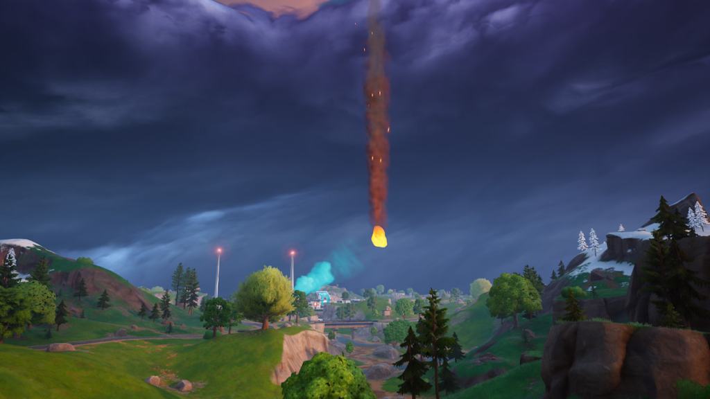 um meteoro caindo pelo céu em Fortnite