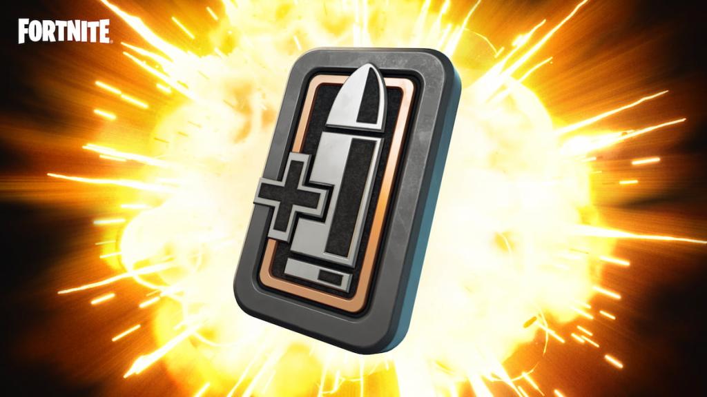 Um benefício com uma bala na frente de um fundo explosivo e ardente em Fortnite
