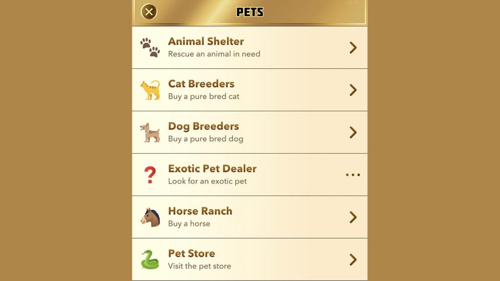 Menu BitLife para adotar um animal de estimação