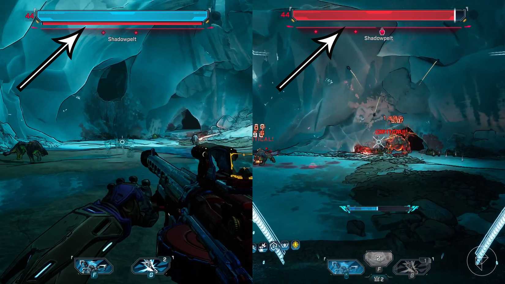 Uma montagem de duas imagens de Borderlands 4 mostrando a diferença entre a barra de escudo e a barra de saúde de Shadowpelt e Bar 