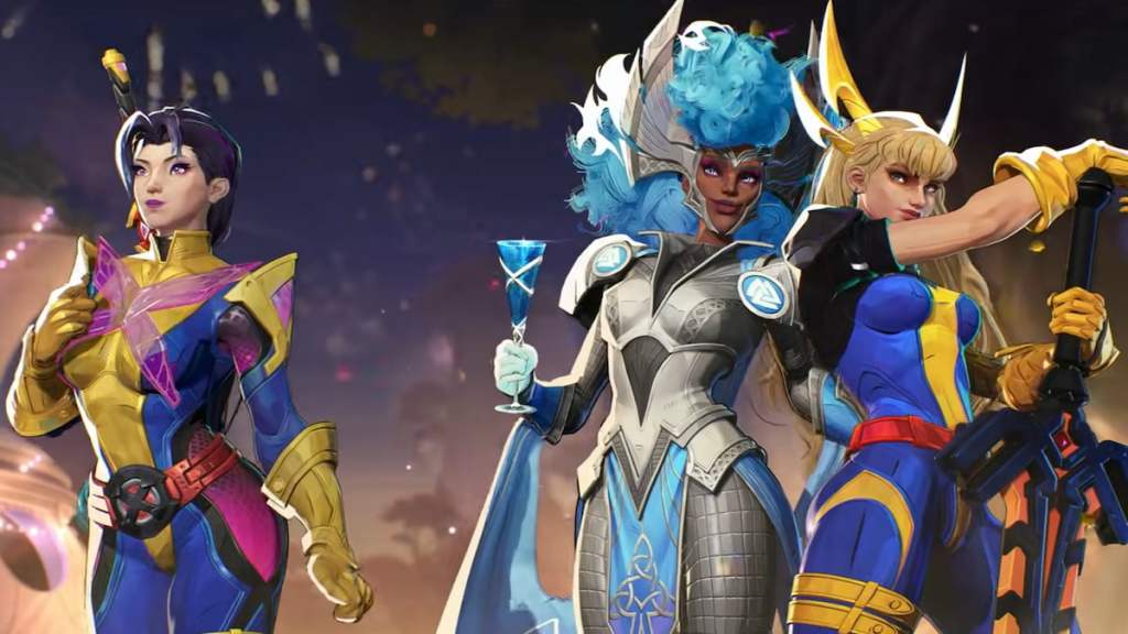 Storm, Magik e Psylocke em pé na gala do Hellfire em Marvel Rivals