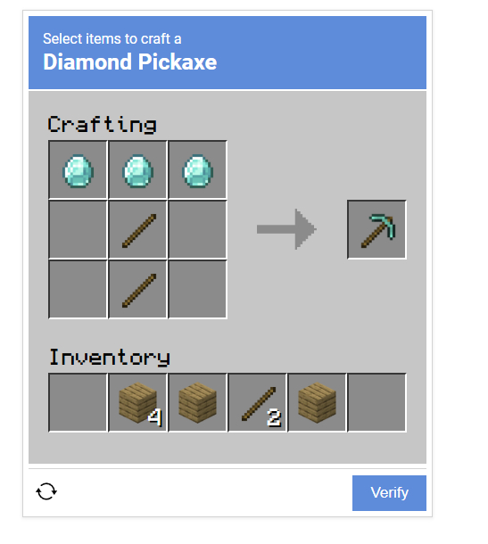 Uma captura de tela de eu não sou um robô mostrando um menu de artesanato para uma picareta de diamante, como no Minecraft. Existem paus, blocos de madeira e diamantes dispostos nas caixas.