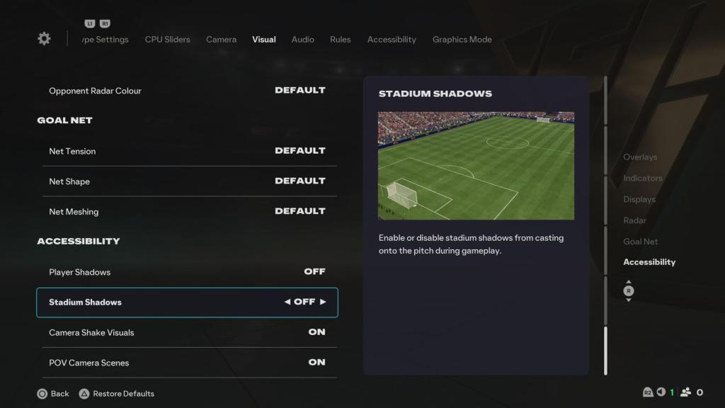 Desativando as opções de sombras no FC 26