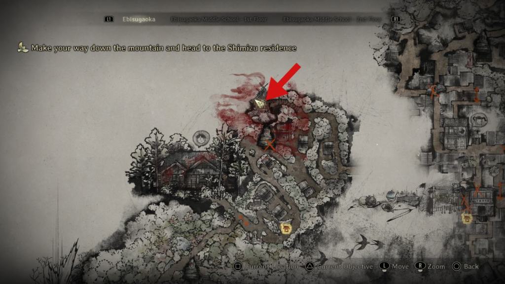 A localização oinari-sama no mapa de Ebisugaoka no canto superior esquerdo, acima da casa de Shu e quinta estátua de jizo