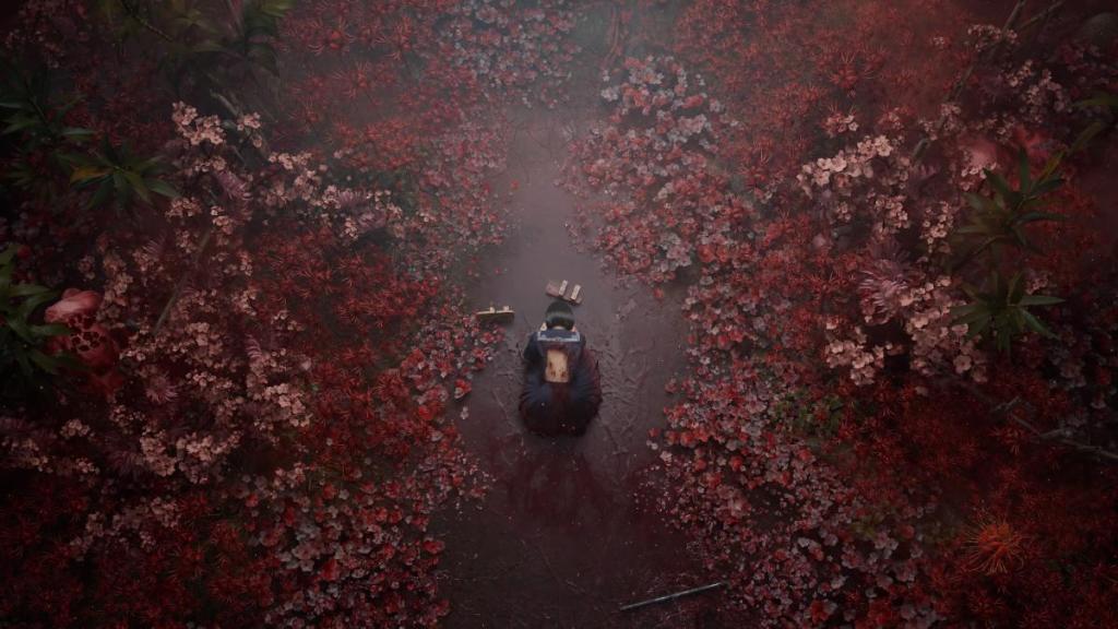 Birds Eye View Shot de um Hinako devastado de joelhos, cercado por flores do outro mundo, olhando para as sandálias geta