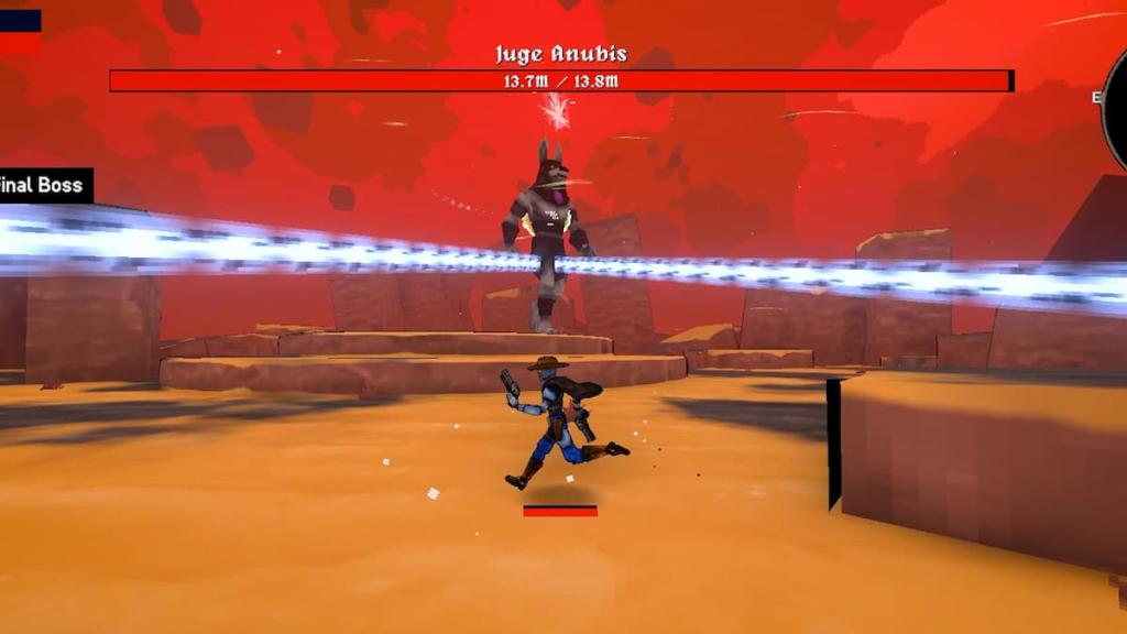 Um atirador correndo em torno de um anubis gigante em Megabonk.