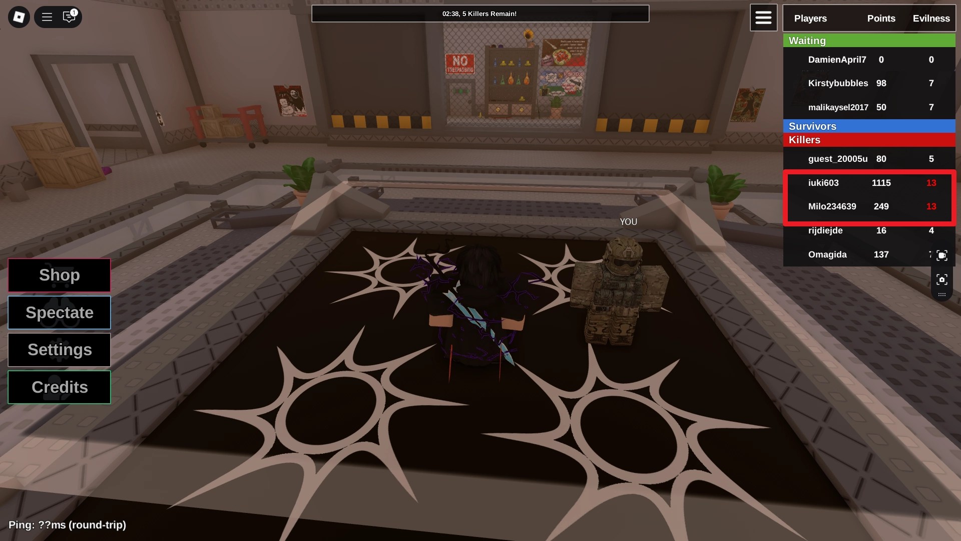 Pontuação da maldade no placar na experiência Die of Death Roblox.