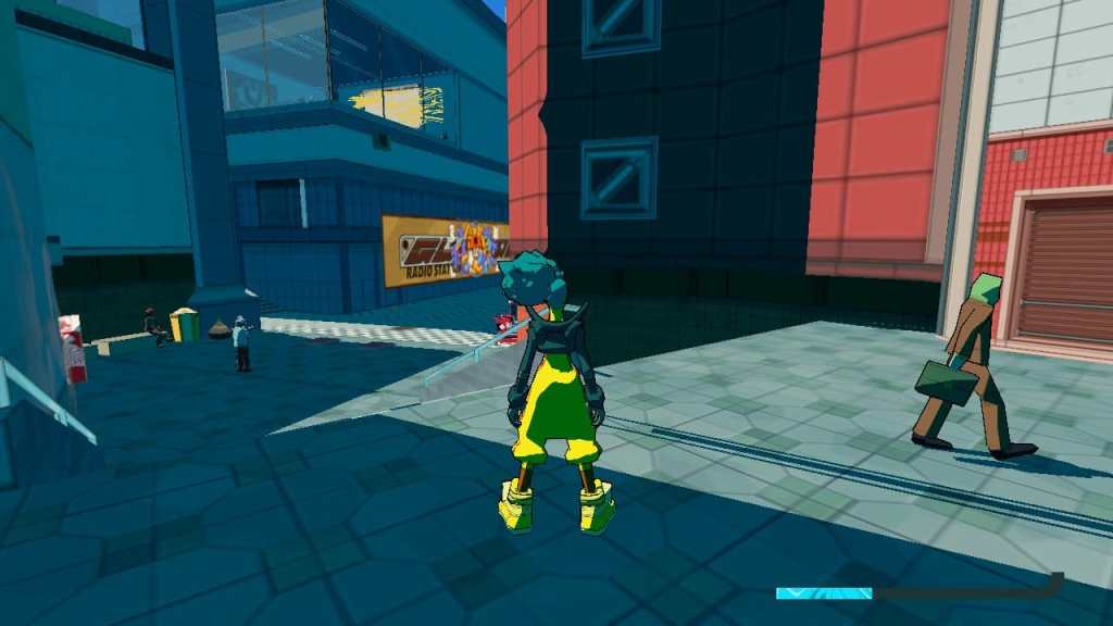 Uma captura de tela de Bomb Rush Cyberfunk mostrando uma parede taggable em amarelo.
