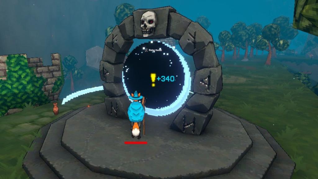 A raposa prestes a entrar em um portal de chefe na floresta em Megabonk