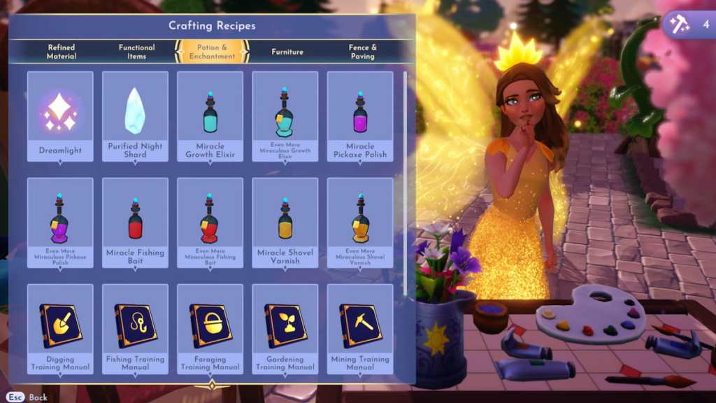 Preparando -se para criar uma poção de escavação em uma estação de artesanato em Disney Dreamlight Valley
