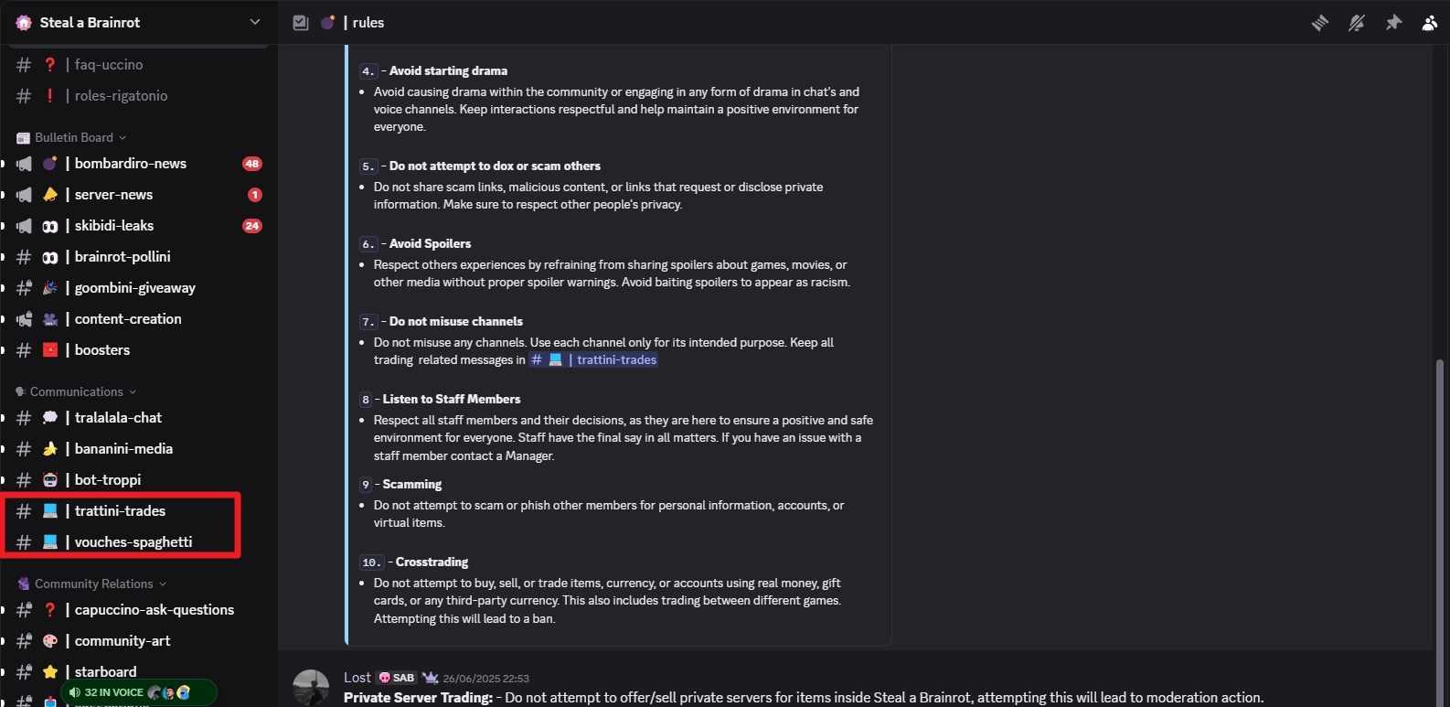 Visualização dos servidores Discord oficial para roubar uma experiência do BrainRot Roblox.