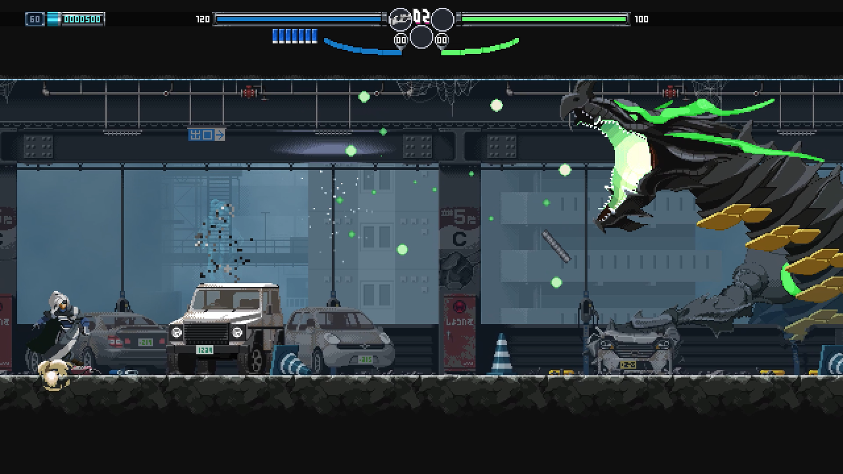 Uma imagem do jogo de ação 2D Blade Chimera, com o protagonista de cabelos brancos lutando contra um dragão gigante em um estacionamento