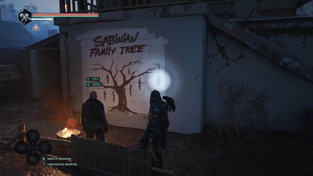 Um mural no inferno estamos depitando pessoas enforcadas em uma árvore com as palavras "Árvore genealógica Sabiniana" ao lado disso.