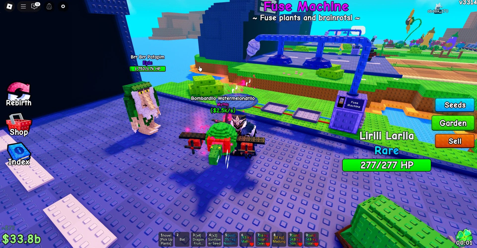 Um jogador que mantém o resultado de uma fusão na experiência das plantas versus a Brainrots Roblox.