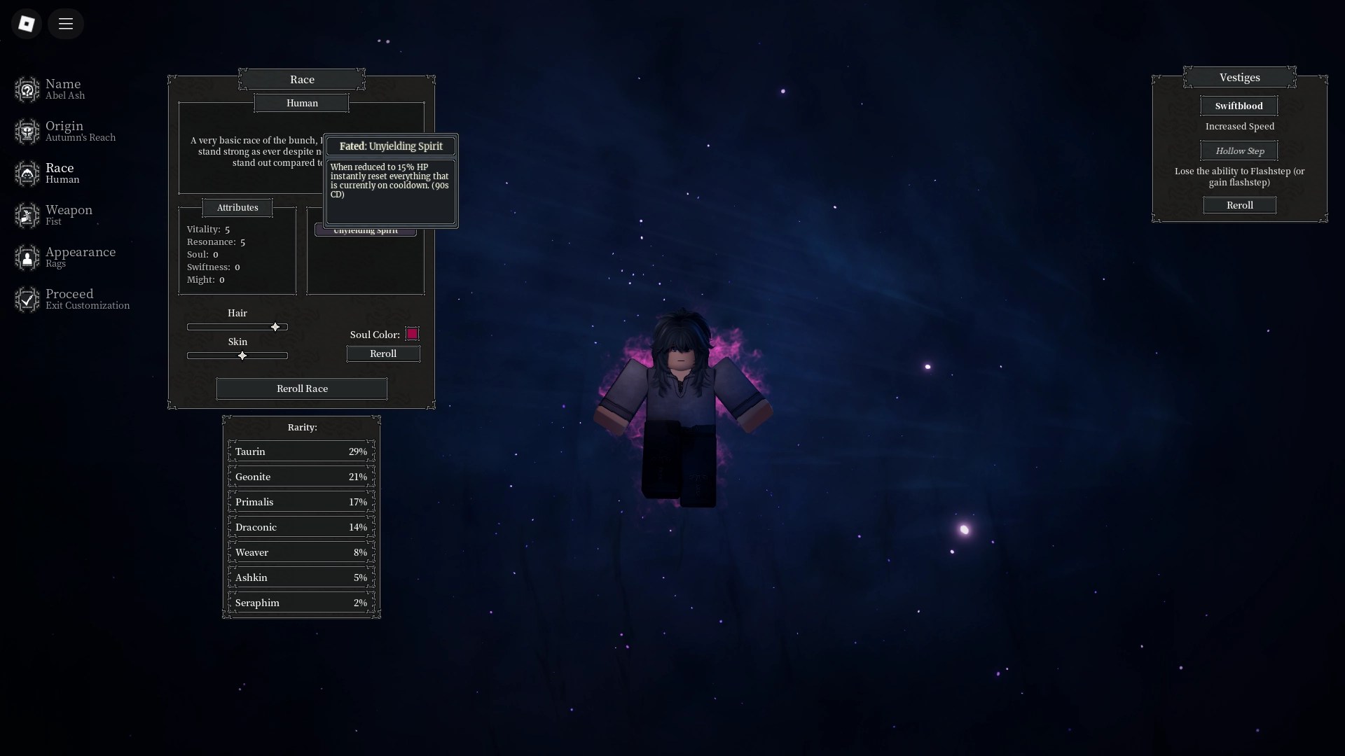 Um jogador mostrando como verificar a virtude destinada a uma corrida na experiência Nethros Roblox.