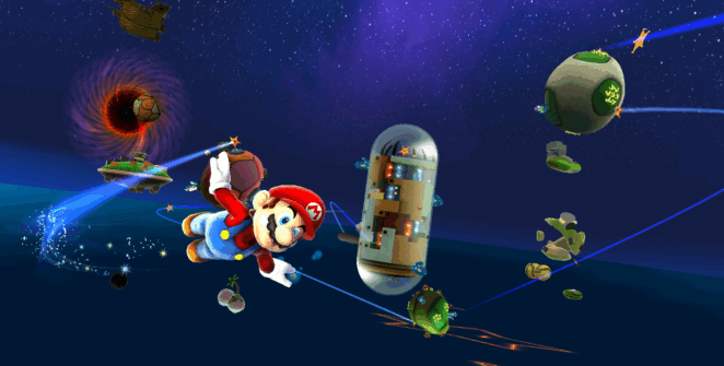 Mario amplia o espaço com vários planetoides atrás dele em Super Mario Galaxy