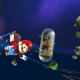Mario amplia o espaço com vários planetoides atrás dele em Super Mario Galaxy