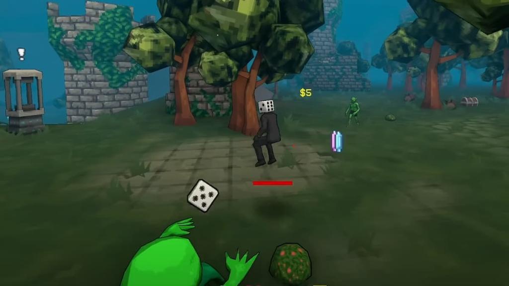 Dicehead em Megabonk tentando escapar de um inimigo