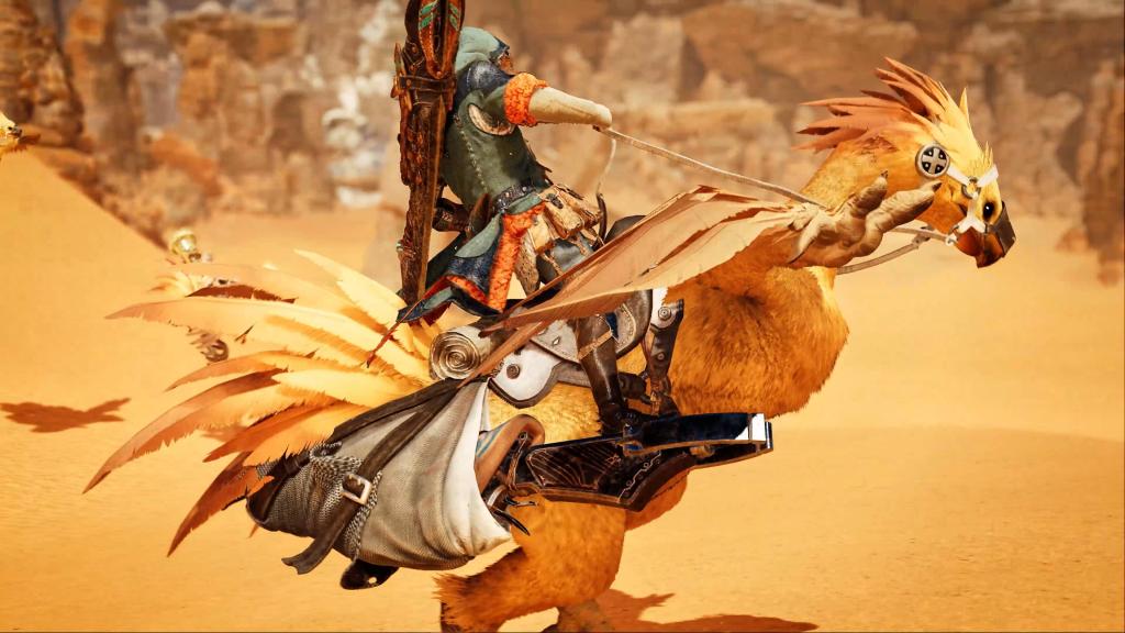 Seikret usando a pele Chocobo em Monster Hunter Wilds