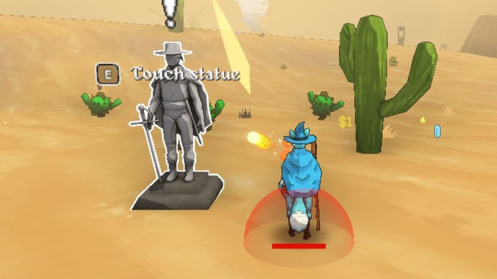 A estátua de bandidos no deserto com Fox em pé na frente dela.
