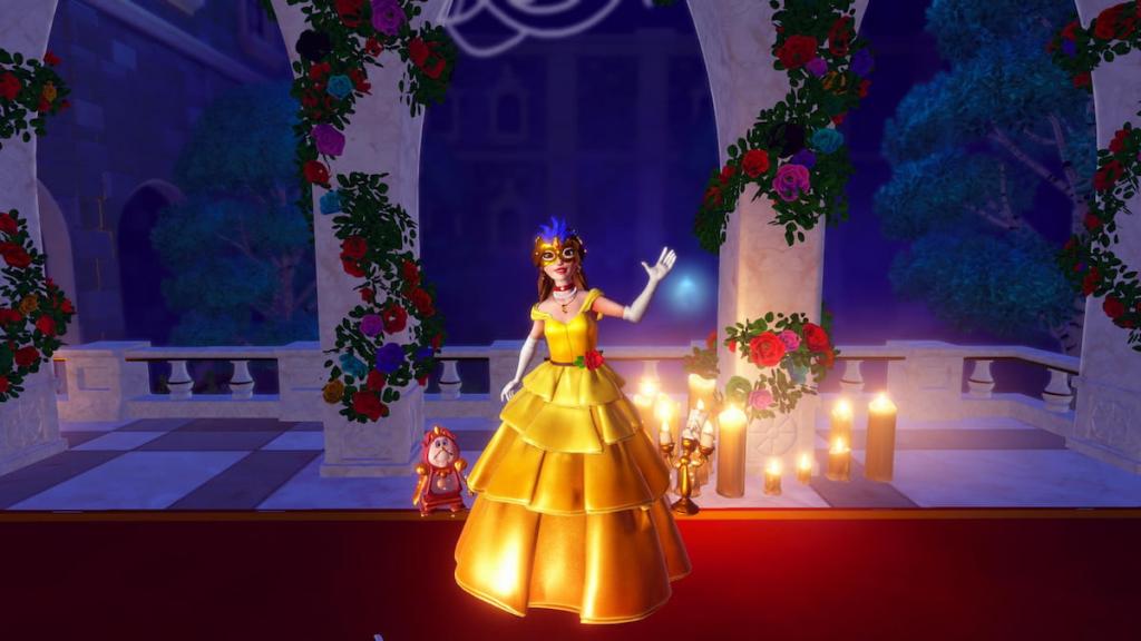 Participando de uma festa com Lumiere e Cogsworth no Disney Dreamlight Valley