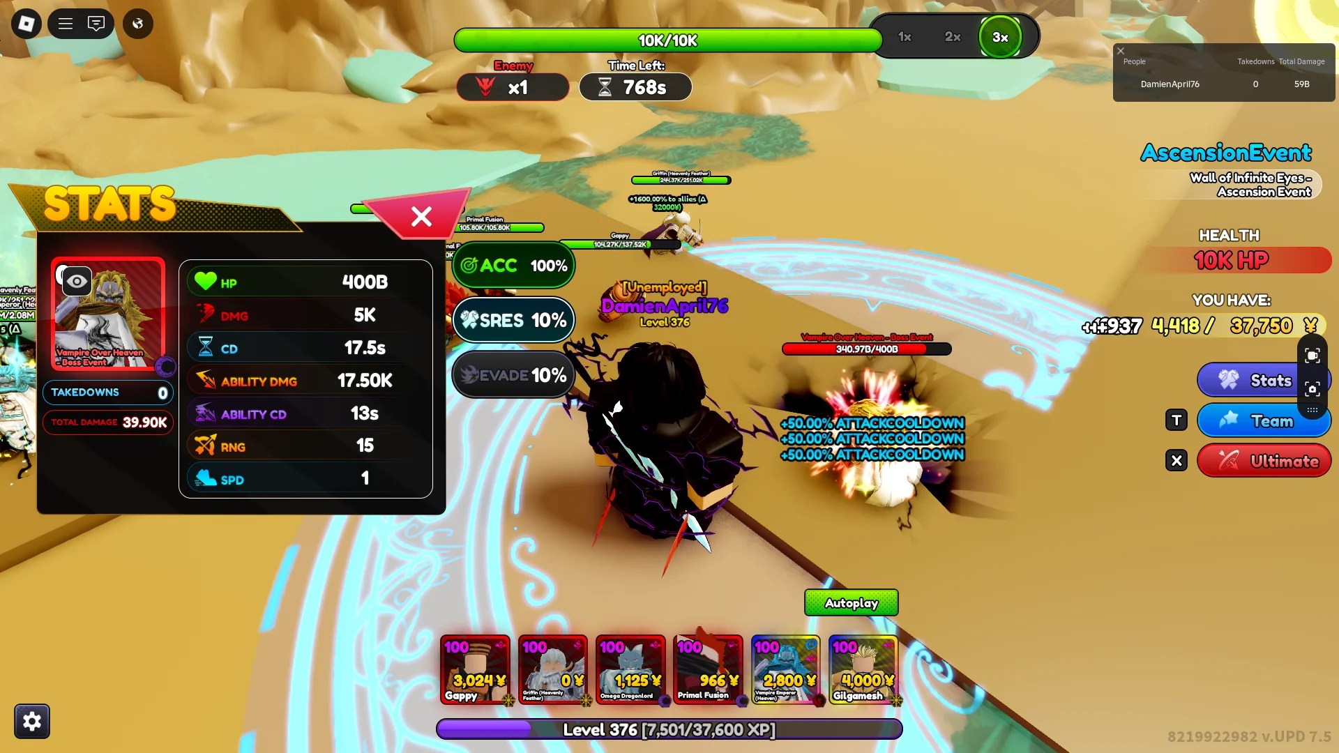 Um jogador lutando contra o chefe em uma fase de eventos de ascensão na experiência do Anime Rangers x Roblox.