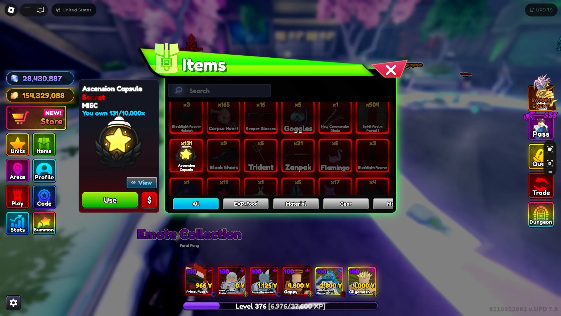 Visualização das cápsulas de ascensão, das quais Gappy cai na experiência do Anime Rangers x Roblox.