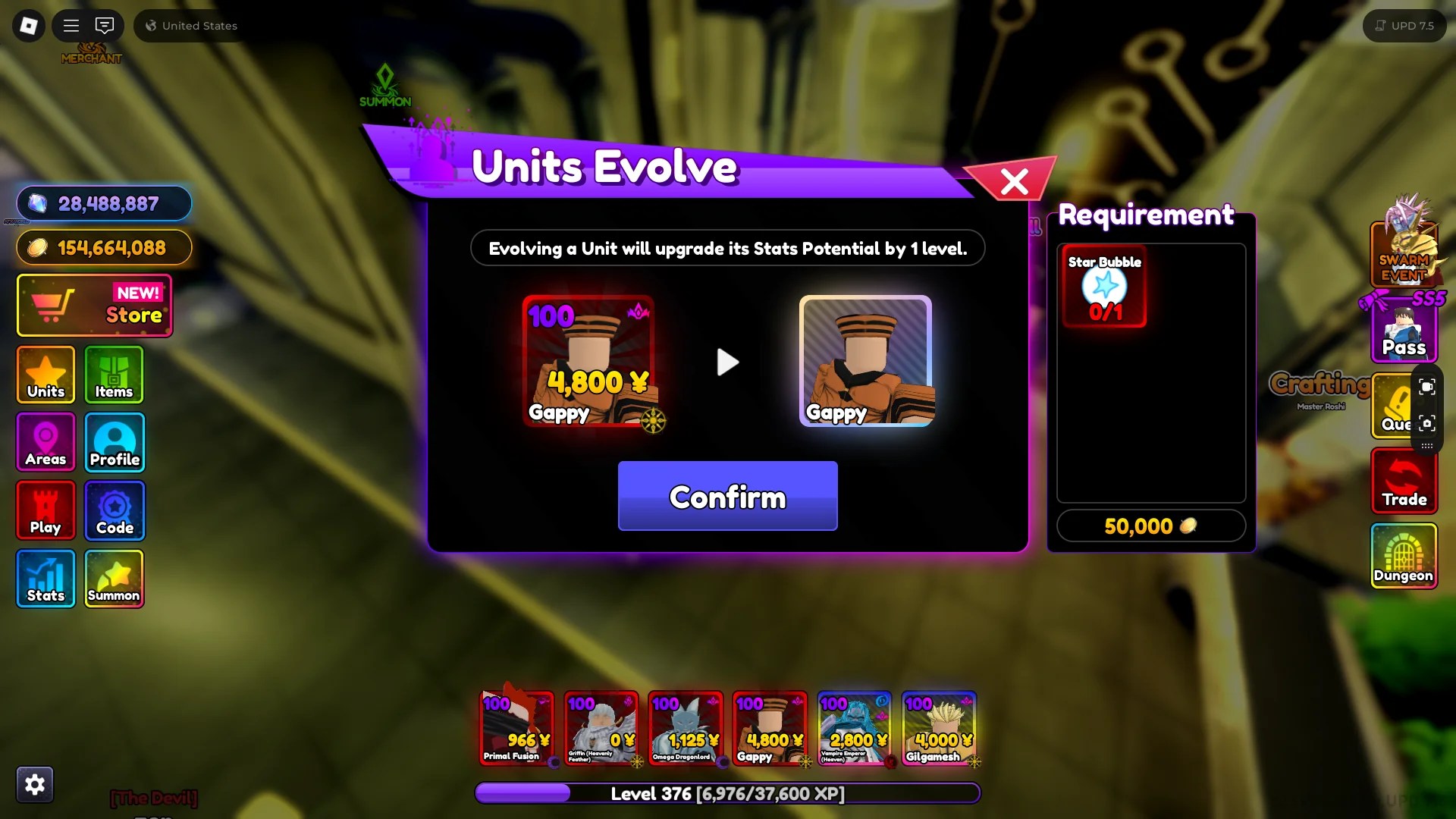 Um jogador evoluindo a unidade Gappy nas unidades evolui NPC na experiência do Anime Rangers x Roblox.