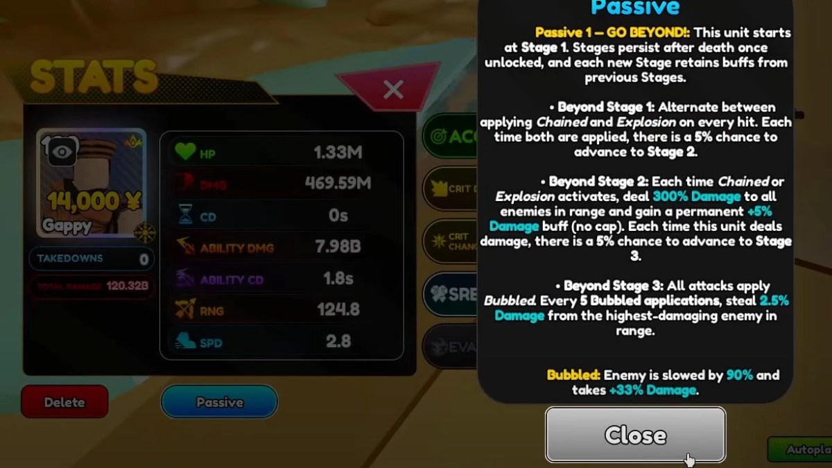 Visualização do potencial DPS de Gappy na experiência do Anime Rangers x Roblox.