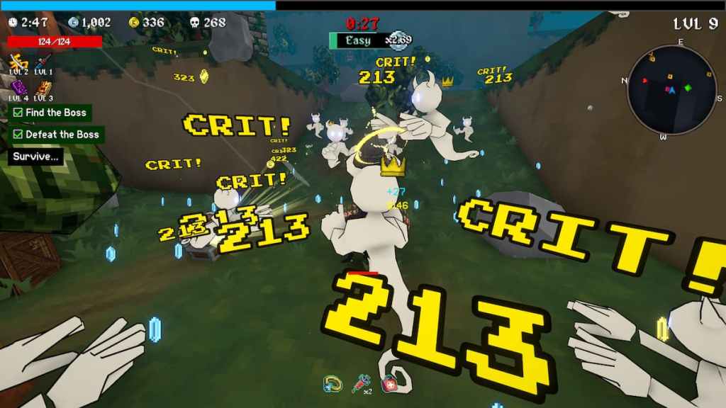 Megabonk Final Swarm com muitos critos.