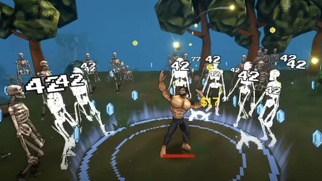 Um personagem cercado por esqueletos em Megabonk.
