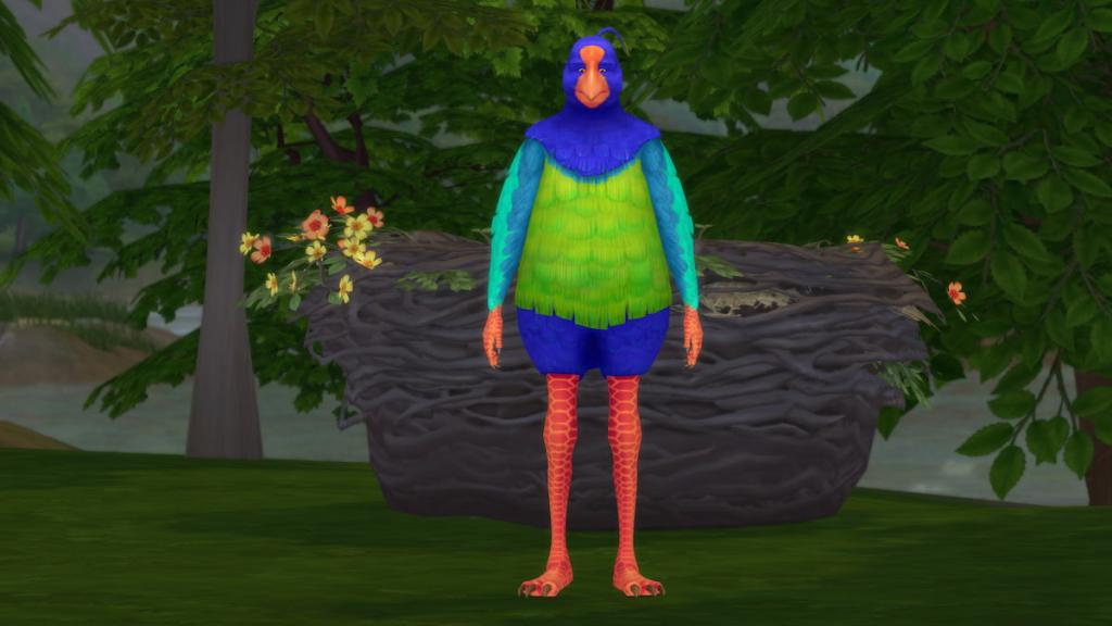 Um prudird colorido em pé ao lado de um ninho no Sims 4