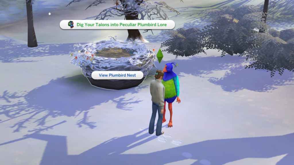 Uma captura de tela do Sims 4 mostrando uma personagem feminina em pé na frente de um ninho de pássaro gigante. Os avisos mostram como você pode interagir com o ninho para iniciar missões.