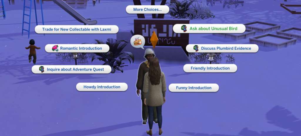 Uma captura de tela da aventura do Sims 4 aguarda diferentes opções de diálogo com uma NPC feminina.