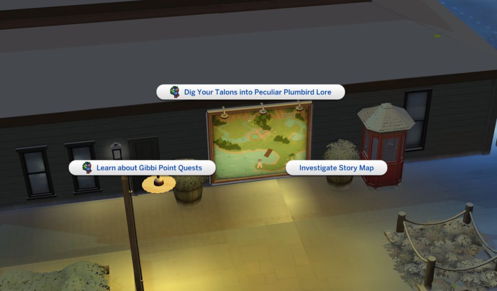 Uma captura de tela do Sims 4 mostrando um mural na parte de trás de um edifício com opções para investigar o prudiro.