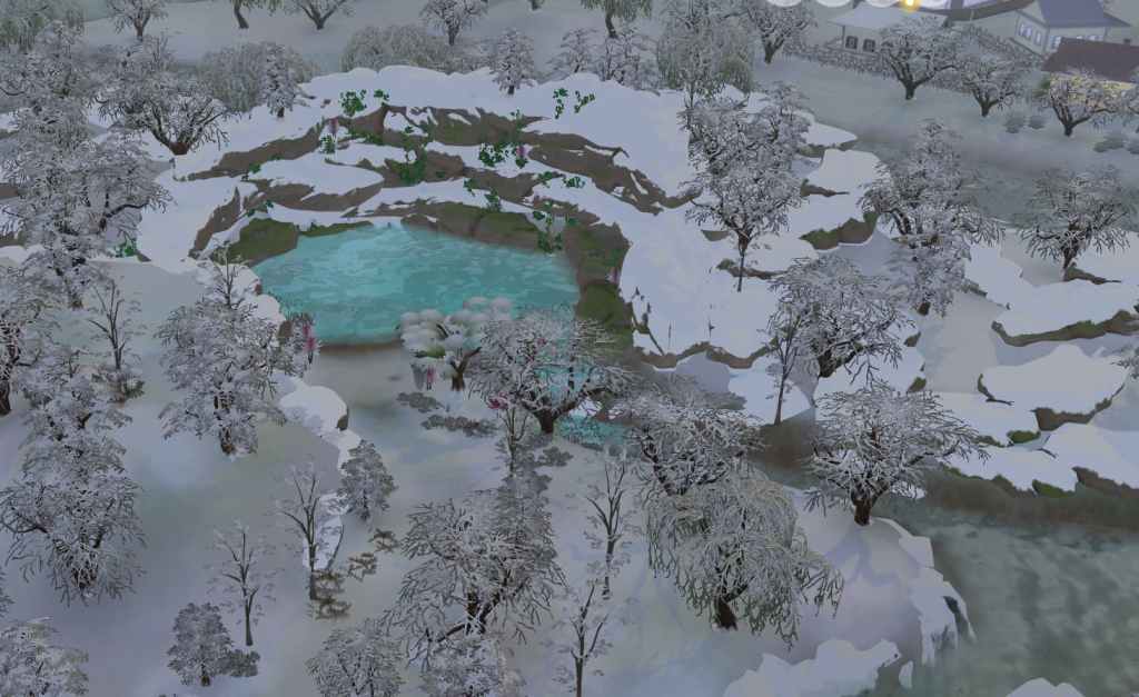 Esta captura de tela do Sims 4 mostra uma tundra de inverno com um pequeno lago redondo. Isso mostra a localização da lagoa elétrica.