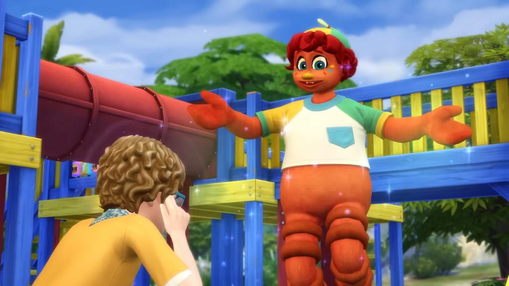 Um amigo imaginário laranja flutuando no ar ao lado de uma criança no Sims 4