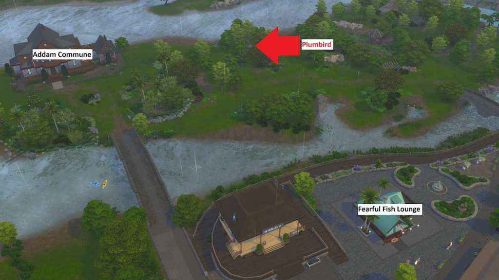 Localização de plumbird marcada no Sims 4