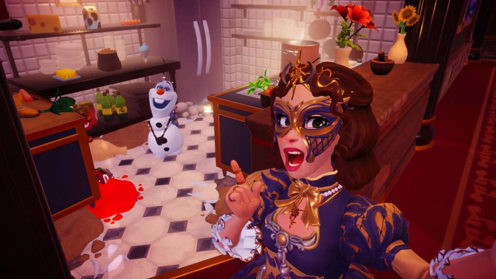 Tirando uma foto com Olaf em uma cozinha bagunçada em DDV