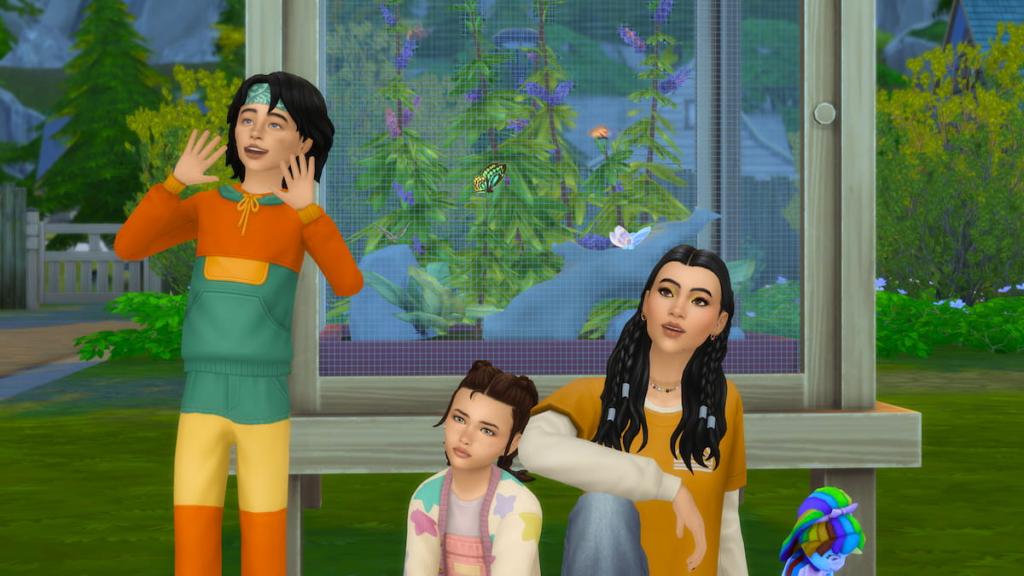 Três Sims reunidos em frente a Butterfly e Moth Habitat nos Sims 4