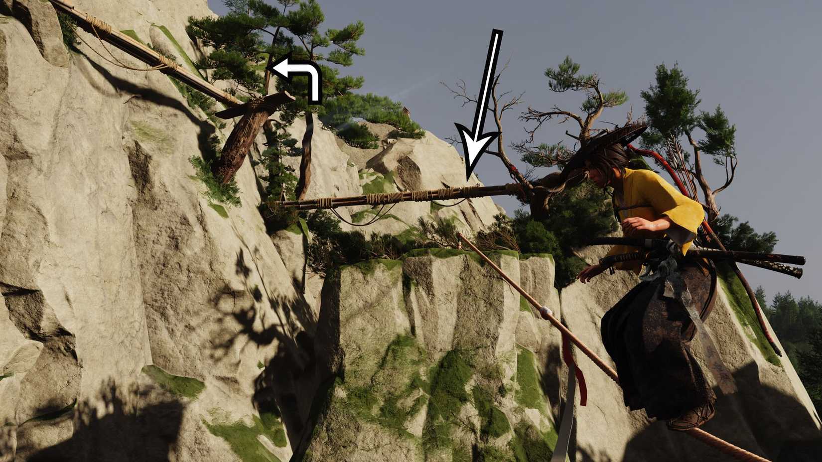 Uma montagem com algumas flechas brancas indicando as plataformas que os jogadores devem usar para alcançar o fiel santuário de salto em fantasmas de yotei