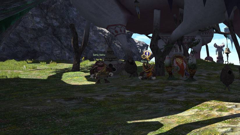 Dois Vanu Vanu sentam -se em uma área sombria em FFXIV