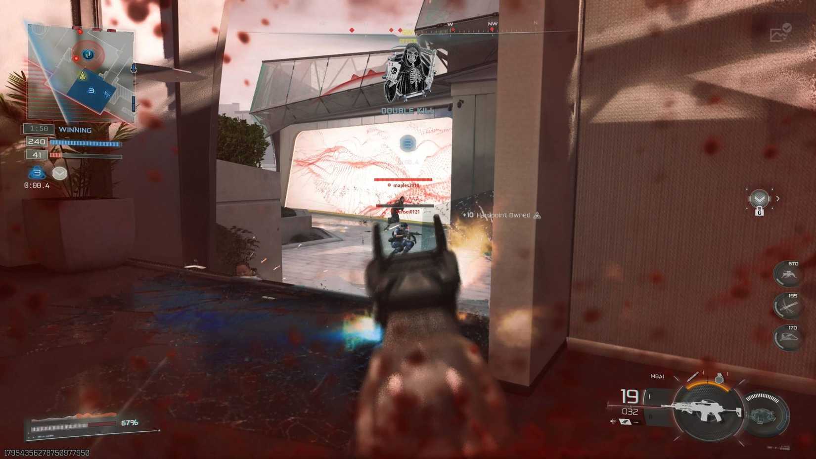 Jogabilidade de Black Ops 7 mirando o M8A1 atirando em dois inimigos descendo algumas escadas.