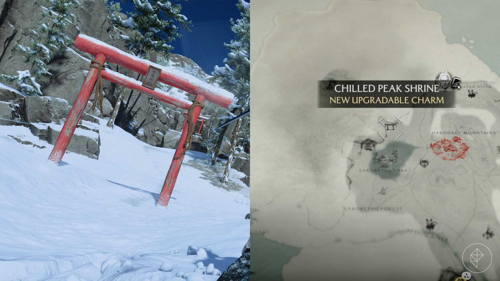 Portão Torii que leva ao Santuário Chilled Peak e ao Relicário da Compaixão em Ghost of Yotei.